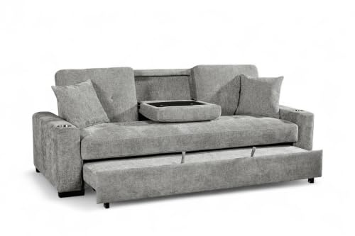 3 Seater Pull Out Sofa Bed Double with Cup Holders CHARLES - Grey Click Clack Sofa Bed for Adults in Durable Textured Chenille Fabric with Drop Table and Accent Pillows, 184 x 160 Sleeping Area