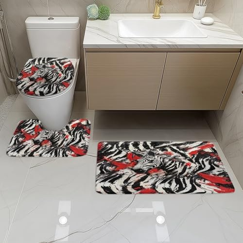 Badteppich Set Zebra Schwarz Rot Badezimmermatte rutschfest Waschbar Bad Vorleger Dekoration Schnell Trocknend Badgarnitur 3 Teilig Stand WC Deckelbezug Bath Mat 50x80 cm