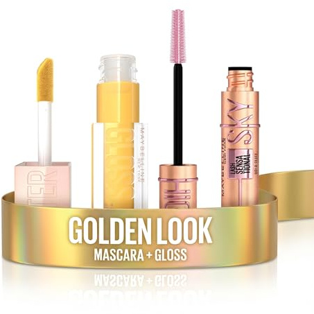 Maybelline New York - Lot : Mascara Pailleté Couleur Or Sky High - Teinte : Gold Glitz - 7,2 ml + Gloss à Lèvres Hydratant & Effet Repulpant Instantané Lifter Gloss - Teinte : 026 Honey