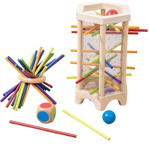 Wooden Stick Game, Montessori Wooden Board Games with Colorful Sticks Dice, Educational Toy for Cognitive Development & Focus Training, Includes Mixed Colors Sticks and Dual-Level Puzzle(C)