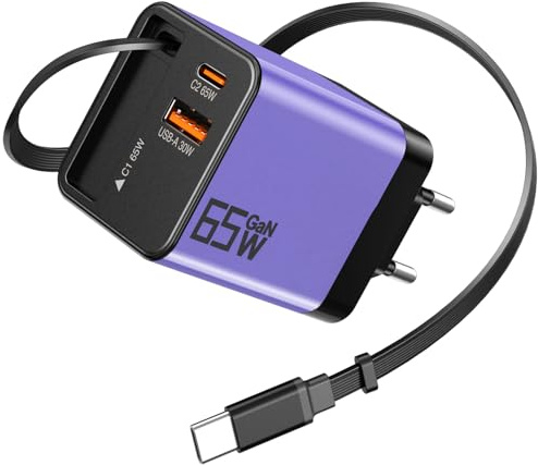 YSSTKFD 65W GaN USB-C Ladegerät mit 70cm Einziehbarem Kabel, 3-Port, Lila | Netzteil USB C, Retractable Charger mit kabel für MacBook Pro/Air, für iPhone 17-8 Serie, Galaxy, iPad, Laptop