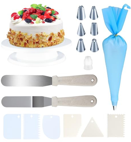 16Stück Drehbarer Tortenständer mit Zubehör-Set für Kuchen DekorationØ26cm | Kuchenschaber, Pfannenwender, Spritzbeutel & Tüllen. leichtgängig, leicht zu reinigen. Ideal für Hobby- & Profibäcker.