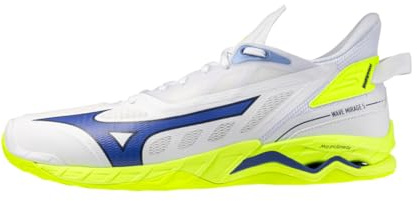 Mizuno Wave Mirage 5 Handballschuhe, weiß, blau, neongelb, leicht, mit dynamischer Dämpfung und Wave-Technologie