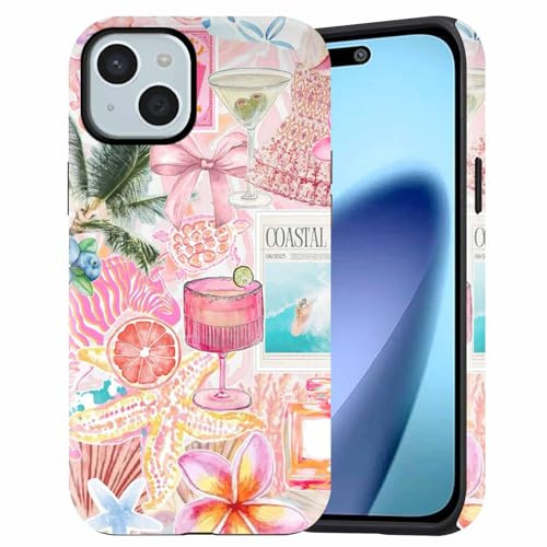 Dahimomo Summer Cute Phone Case for iPhone 14/iPhone 13 6.1, 2-in-1 Girly Aesthetic College Pink Bow Design Pattern, Camera Lens Protective Shockproof Bumper Slim Cover for Girl Women