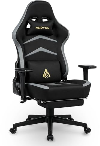 Andyou Sedia Gaming Ergonomica con Poggiapiedi-Ufficio Scrivania, Tessuto Suédé, Schienale 90-155°, Braccioli 3D Regolabili, Funzione Bascule, fino a 200 kg, Nero