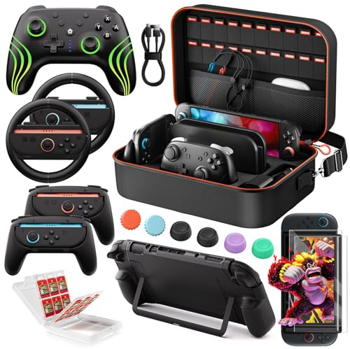 COOWPS Ensemble D’Accessoires 17‑En‑1 pour Manette Pro Switch 2 | Pochette Switch, Poignées Joycon, Verre Trempé, Coque Protectrice, Volants, Étui À Cartes Et Capuchon Joystick（Paquet cadeau）