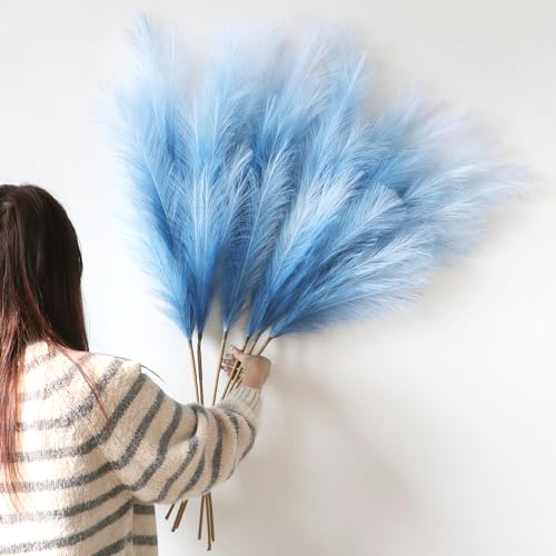 YiYa Pampasgras Kunstblumen Deko 6 Stück 113CM Künstliches Pampasgras Pampasgras Groß Trockenblumen Strauß für Büro Dekor Wohnzimmer Hochzeit Schlafzimmer (Farbverlauf blau)