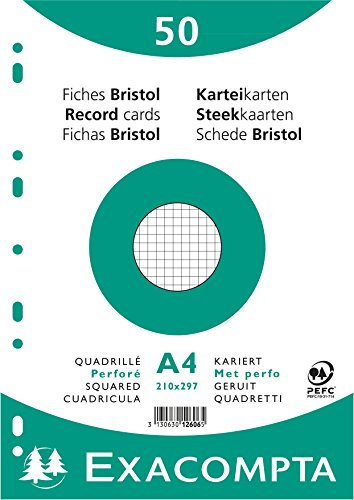 Exacompta - Réf. 12606E - Paquet de 50 fiches bristol quadrillées 5x5 perforées - sous film - compatibles avec imprimante jet d'encre, laser et photocopieur - format 210 x 297 mm - couleur blanc
