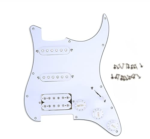 Musiclily 11-Hole HSS Prewired Schlagbrett ST Loaded Pickguard mit Single Coil Humbucker Tonabnehmer Set für Strat style E-Gitarre, 3 lagig Weiß