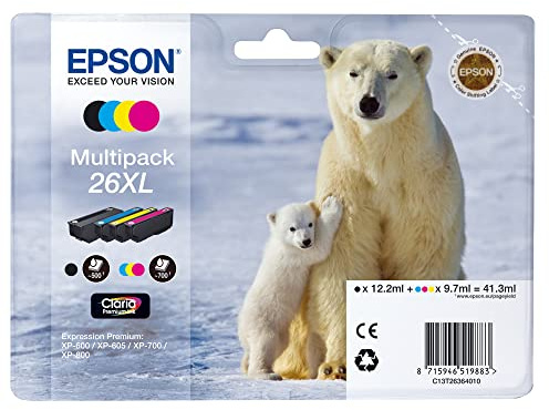 EPSON® Tintenpatrone, 26XL, C13T26364010, original, 4er sortiert, 12,2/9,7 ml (schwarzweiß/farbig), 500/700 Seiten (schwarzweiß/farbig) (4 Stück), Sie erhalten 1 Packung á 4 Stück