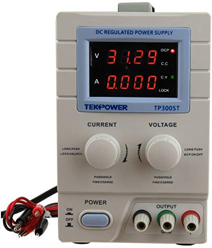 Tekpower TP3005T Fuente de alimentación variable de CC lineal, 0 - 30V @ 0 - 5A con cables de prueba de cocodrilo