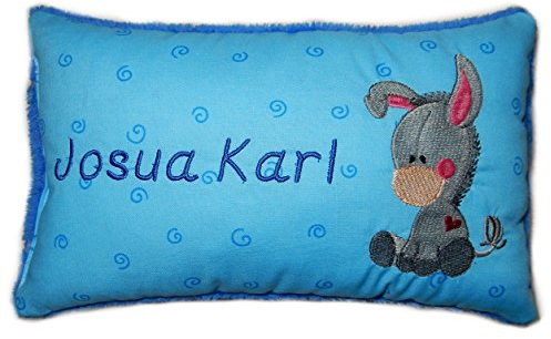 Momelie Blaues Schmusekissen * Kuschelkissen * Esel * mit Namen Bestickt * 17 x 29 cm * SK-bl_0098