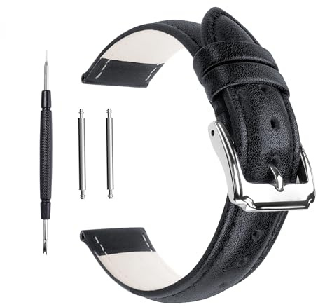 Berfine 18mm Black Calf Leather Watch Band Replacement,Extra Soft Watch Strap for Men Women