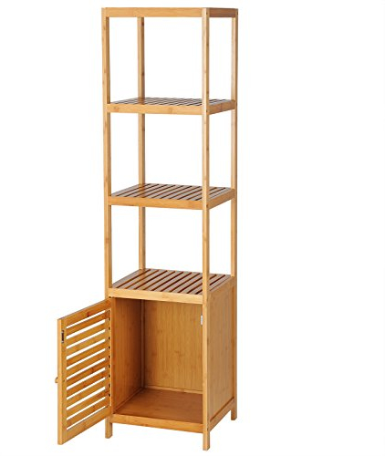 WOLTU Meuble Salle de Bain Bambou, Étagère Colonne pour Salle de Bain avec 4 Tablettes Ouvertes, 1 Placard avec Porte à Lamelles, 36x33x140cm