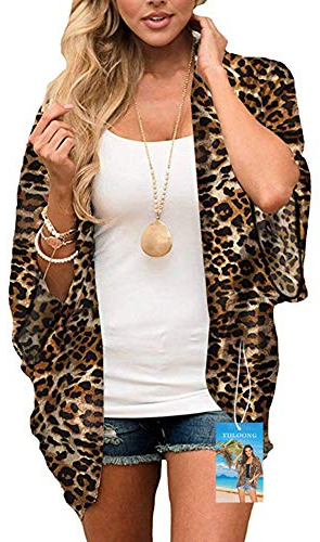 YULOONG Damenmode Bademode Vertuschung Chiffon Blumendruck Kimono Lose Schal Strickjacke Sommer Bluse Bademode Capes, Leopardenmuster, XL