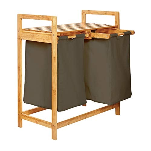 Lumaland Wäschekorb aus Bambus mit 2 ausziehbaren Wäschesäcken | Größe ca. 73 cm Höhe x 64 cm Breite x 33 cm Tiefe, Farbe: Oliv