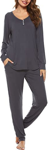 Vlazom Pyjamas Set for Women, Soft Two Pieces Pjs Sets Long Sleeve Button Down Tops and Pants Sleepwear with Pockets,A-Grey,M