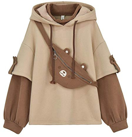 XYXZGM Harajuku Aesthetic Bear Anime Hoodie Women Korean Kawaii Crewneck Long Sleeve Streetwear Kpop Fall Winter Clothes Tops-Beige_L