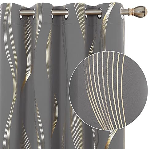 Deconovo Blackout Eyelet Curtains Thermal Insulated Gold Wave Line Foil Printed Curtains for Bedroom 66x90 Inch Light Grey 2 Panels