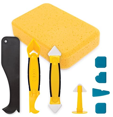 BLOSTM Silicone Caulking Tool Kit 9 PCS - Silicone Sealant Tool Set | 4 x Blue Silicone Finishing Tool, 1 Caulk Removal, 1 x Finishing Tool, 1 x Caulk Nozzle, 1 x Plastic Grout Scraper 1 x Sponge