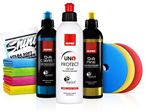 Rupes Politur Set (3x 250ml) Autopolitur Set - Für starke Defektkorrektur bis Glanzpolitur - Für Exzenter oder Rotation - Auto polieren, D-A Coarse, D-A Fine Cut, Uno Protect One Step | 10-teilig
