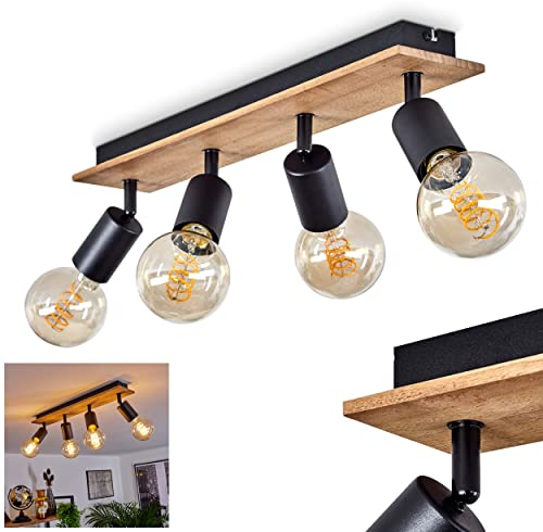 HOFSTEIN Deckenleuchte Maidford, Deckenlampe aus Metall/Holz in Schwarz/Natur, 4-flammig, mit verstellbaren Strahlern, 4 x E27-Fassung, Spot im Retro/Vintage Design, ohne Leuchtmittel