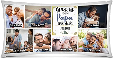 PR Print Royal Kissen selbst gestalten XXL - mit 7 Fotos Bedrucken - Glück ist einen Papa wie Dich zu haben - Geschenk Vatertag Geburtstag Weihnachten - Fotokissen in XXL inkl. Füllung, 80x40 cm