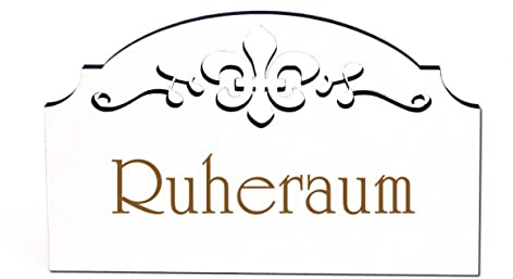 DEKO-LANDO Ruheraum Schild Holz Türschild graviert Ornamente selbstklebend Sauna Vintage Türdeko, Weiß, 15,5 x 9,5 0,5 cm