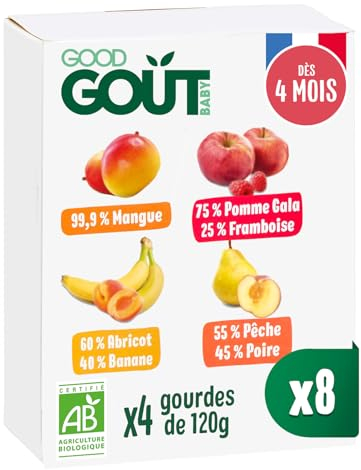 GOOD GOÛT - Gourdes Variety Fruits - 4 Compotes Bébé - Dès 4 Mois - Sans Sucres Ajoutés - Fabriqué En France - 4x120g - Lot de 8