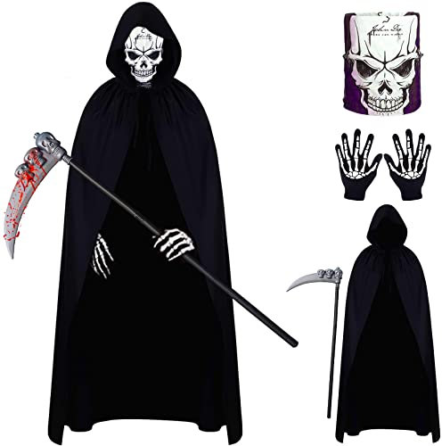 Wonlonda Halloween Fashion Dress Grim Reaper Costume Set 140cm Long Black Polyester Hooded Cloak Skull Face Mask Skull Gloves Sickle Accessories for Halloween Cosplay Decoration