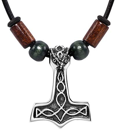 Mens Leather Necklace With Silver Viking Hammer Pendant And Wood Beads