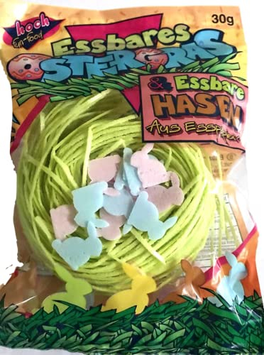 Essbares Ostergras mit Osterhasen in 3 verschiedenen Farben (Essbares Papier), geeignet zum Dekorieren für das Osternest und zum Vernaschen, im 30 g Beutel