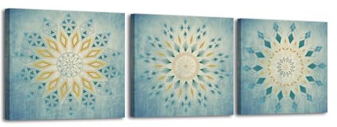 Piy Painting 3x Leinwand drucken, Geometrisches Muster Bilder moderne Gemälde, Blau Wand Foto Leinwand Malerei, Leinwandbilder mit Rahmen für Wohnzimmer Restaurant Studieren Yoga-Raum 30x30cm