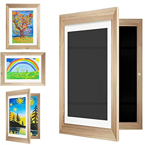 Kids Artwork Display Frame for 150 Pictures A4 Fillable Front Opening Kids Art Frames, Wooden Picture Changeable Children Storage Drawing Crafting (wood)