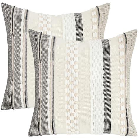 Tosleo 2er Set Kissenbezug Chenille 45x45cm Baumwollmischung Kissenhülle Sofakissen Streifen Dekokissen Boho Deko Kissenbezüge für Sofa Wohnzimmer Schlafzimmer Outdoor Kissen (Weiß, 45 x 45 cm)