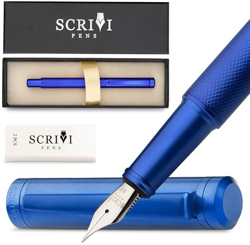 SCRIVI PENS Luxury Fountain Pen Set-[Blue] Fountain Pens for Writing - Smooth Extra Fine Nib - Includes Refillable Ink Converter, 5 Ink Cartridges [Black & Blue], Gift Box - Elegant Calligraphy