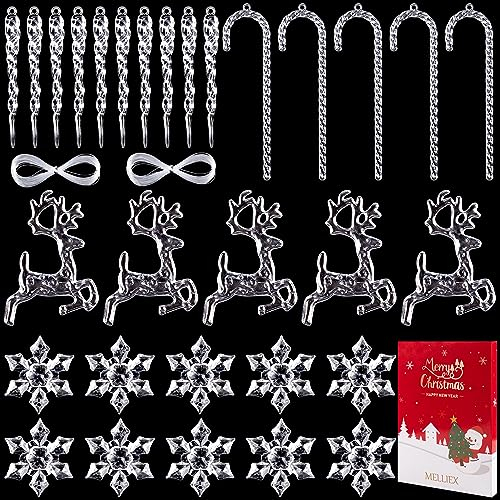 MELLIEX 30 Pezzi Decorazioni Natalizie Acrilico, Trasparenti Fiocco di Neve Ghiaccioli Ornamenti Natale con Linea per Decorazioni per Feste dell'Albero di Natale
