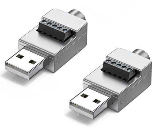 PENGLIN 2 Stück USB2.0 Typ A Lötfreie Metallgehäuse Stecker, USB 2.0 Typ A Stecker auf 5 Pins Schraubanschluss Adapter 5V 2A