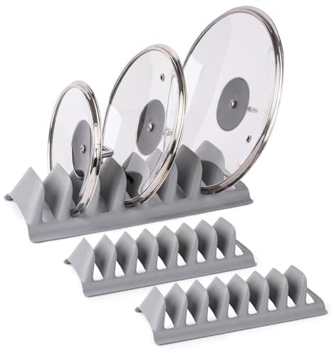 EYNEL Set of 3 Pot Lid Holder and Plate Dish Rack with 7 Compartments, Plastic Pan Top Organizer, Kitchenware Dividers, Cabinet and Countertop Storage Stand, Space-Saving Design (Gray, 3)