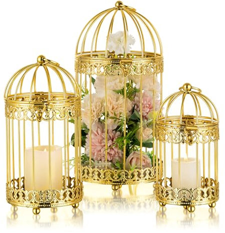 NUPTIO Vogelkäfig Deko Kerzenhalter Gold - 3 Stück Vintage Stumpenkerzenhalter Metall Hängend Kerzenständer Klein Laterne Laternen für Draußen Teelichthalter Kerzenlaterne Antik Hochzeit