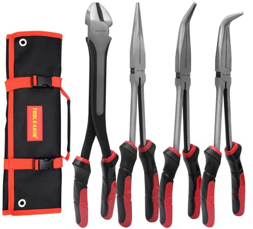 TOOLEAGUE 4-teiliges extra langes Spitzzangen-Set, 27,9 cm lange Reichweite, gerade Zange, 45/90 Grad gebogene Spitzzange, Seitenzange, Handwerks-Reparaturwerkzeug Spannzange Handwerkzeuge