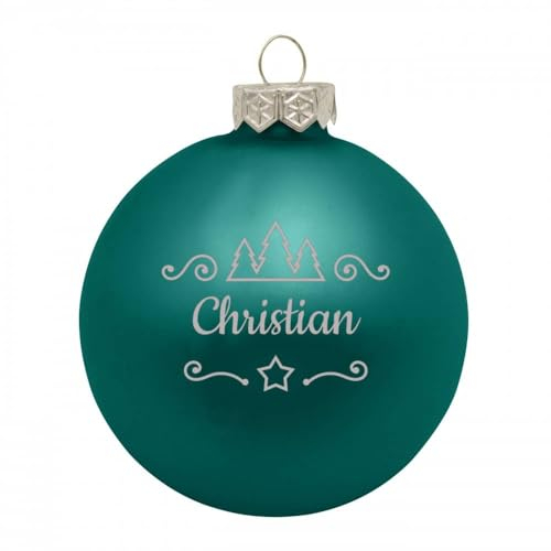 Deitert Weihnachtskugel mit Namen oder Wunschtext graviert, Ø 8cm, personalisierte Christbaumkugel aus Glas (matt), individueller Weihnachtsbaumschmuck mit Gravur, Tannen-Motiv, Petrol