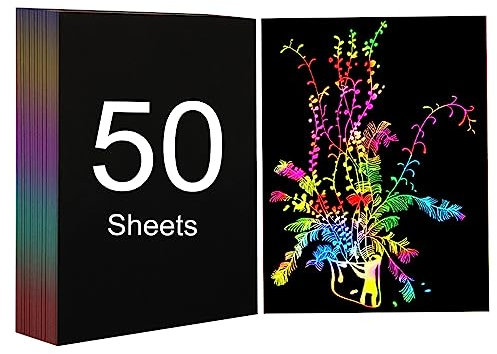 Leuchtendes Kratzpapier, 50 pcs Scratch Und Sketch Kunstpapier A4 Regenbogen-Kratzpapier, Bastelpapier für Lasers Gravur, zum Basteln, Kratzkunst, Malpapier, Zeichnen, Spielzeug, Geschenke(28×20.8cm)