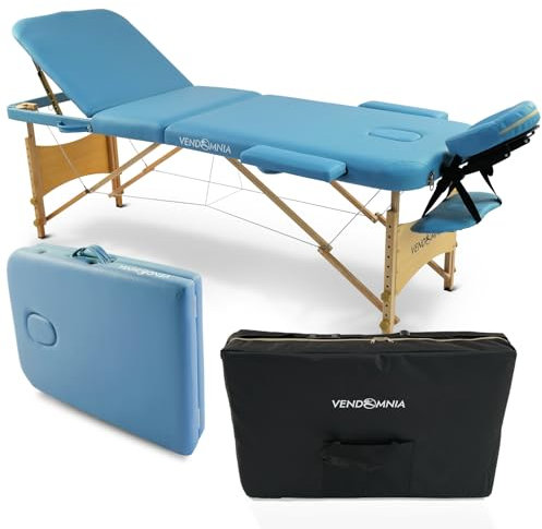 VENDOMNIA Mobile Massageliege - Holzfüße mit 3 Zonen höhenverstellbar inkl. hochwertiger Kopfstütze Tasche Armlehnen - Farbwahl Klappbar, Massagetisch Massagebett Massagebank Behandlungsliege