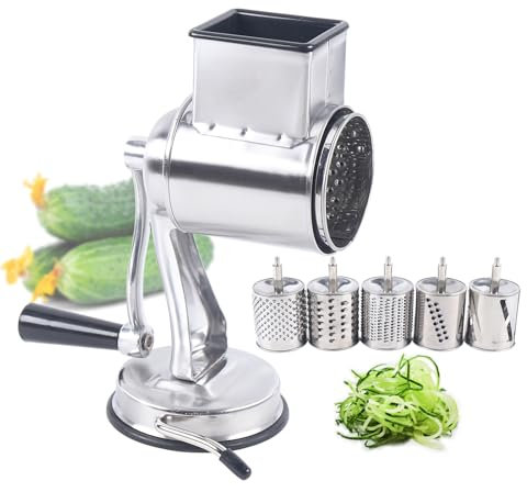 AUYART Hand Drum Slicer Crank – Rotary Cheese Grater Vegetable Chopper Küche Gemüseschneider Multifunktional mit 5 rostfreien Trommelklingen Kartoffeln, Gurken, Käse, runde Scheiben