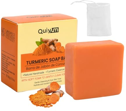 Kojisäure-Seife, Organic Turmeric Brightening Soap Bar, Kurkuma Seifenstück, Naturseife 100g Kurkuma-Seife mit Einem Schaumnetz für Gesicht und Körper Badeseife Reinigt und Hellt die Haut