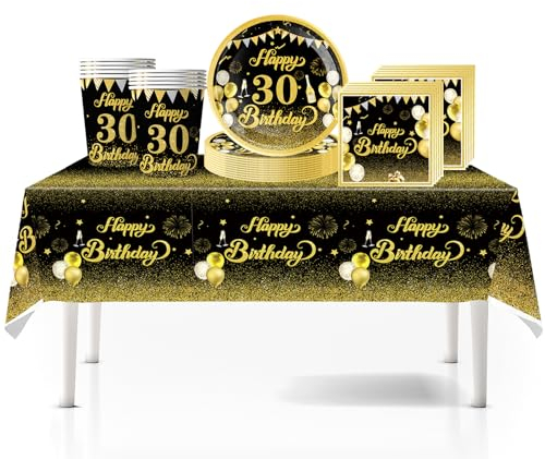 41Pcs Black Gold Happy 30th Birthday Party Tableware Set - Plastic Table Cloth, Paper Plates, Napkins - Birthday Table Decorations Disposable Kit for Men Women