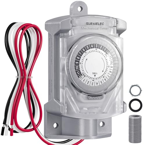 SURAIELEC 20 AMP 24 Hour Mechanical Timer Switch for Outdoor Electrical Boxes, 120V Power Control, for Waterproof Junction Box, RV Outlet, Driveway, Pool Light, Security System, Holiday Decorations