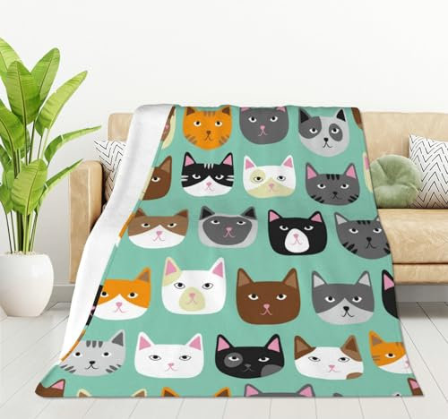JUZGTSIT Katzen-Flanell-Fleece-Bettdecke, 101,6 x 127 cm, Cartoon-Curte-Katzengesicht-Muster, Überwurfdecke, leicht, gemütlich, Plüschdecke für Schlafzimmer, Wohnzimmer, Sofa, Couch