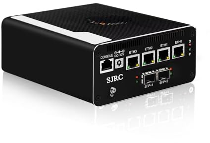 SJRC Firewall 10GbE Mini PC, 5 Core 13th Gen U300E Micro Applicance, Dual SFP+ 10 Gigabit, 4 x i226V 2.5GbE LAN, DDR5 8GB RAM 256GB SSD, Support OPNsense, HD, DP, Typc-C, 4K, TF
